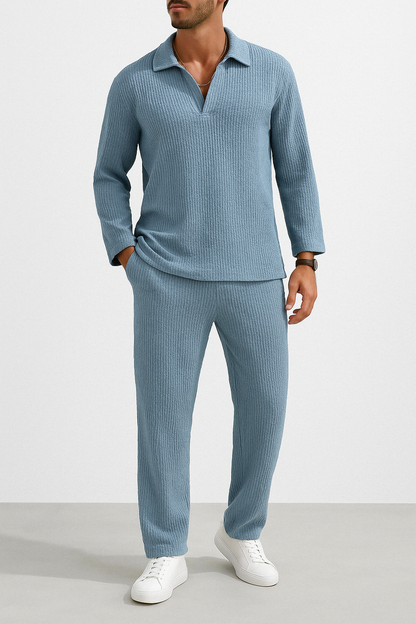Herren Lounge Set – Relaxed Fit – Weicher Rippstrick – Langarmshirt & Hose