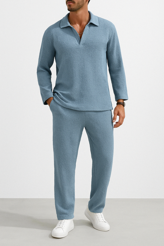 Herren Lounge Set – Relaxed Fit – Weicher Rippstrick – Langarmshirt & Hose