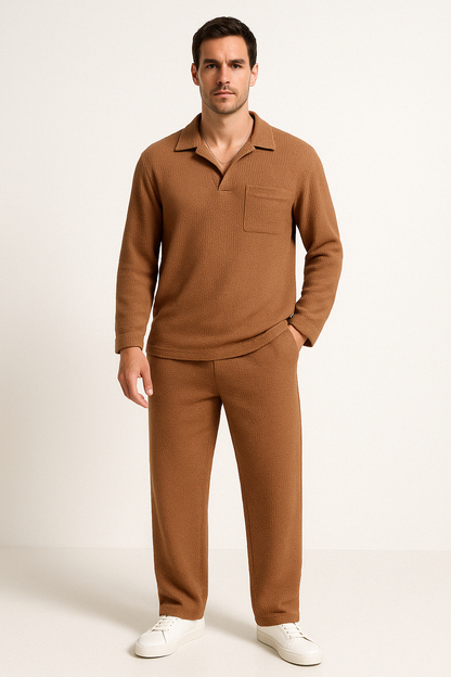 Herren Lounge Set – Relaxed Fit – Weicher Rippstrick – Langarmshirt & Hose