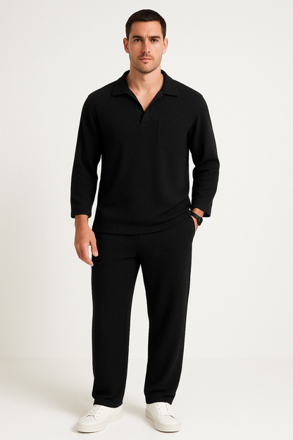 Herren Lounge Set – Relaxed Fit – Weicher Rippstrick – Langarmshirt & Hose