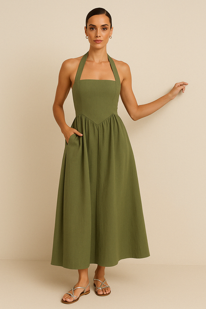 Damen Maxikleid – Halterneck – A-Linie – Luftiges Design aus atmungsaktivem Stoff