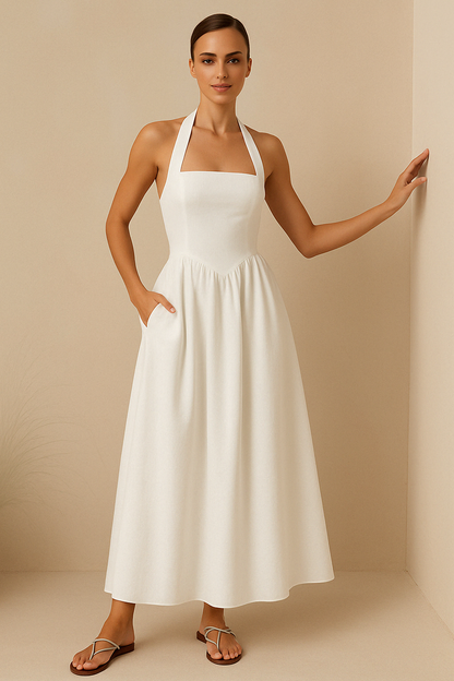 Damen Maxikleid – Halterneck – A-Linie – Luftiges Design aus atmungsaktivem Stoff