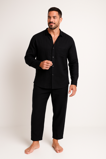 Herren Set – Langarm Hemd und Gerade Hose – Relaxed Fit – Atmungsaktives Gewebe