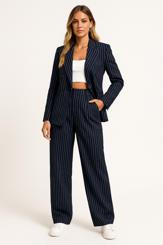 Damen Anzug Set – Taillierter Blazer – High Waist Hose – Weites Bein – Strukturstoff