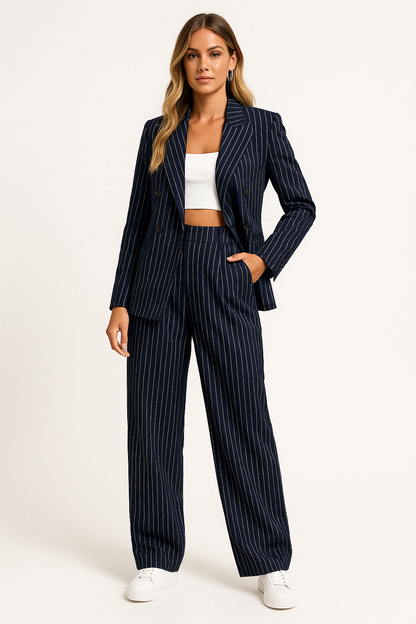 Damen Anzugset – Tailliertes Sakko – Weite High-Waist Hose – Luxusstoff – Pinstripe