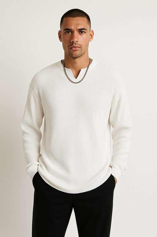 Herren Langarmshirt – Relaxed Fit – Gerippter Stoff – V-Ausschnitt – Weicher Griff