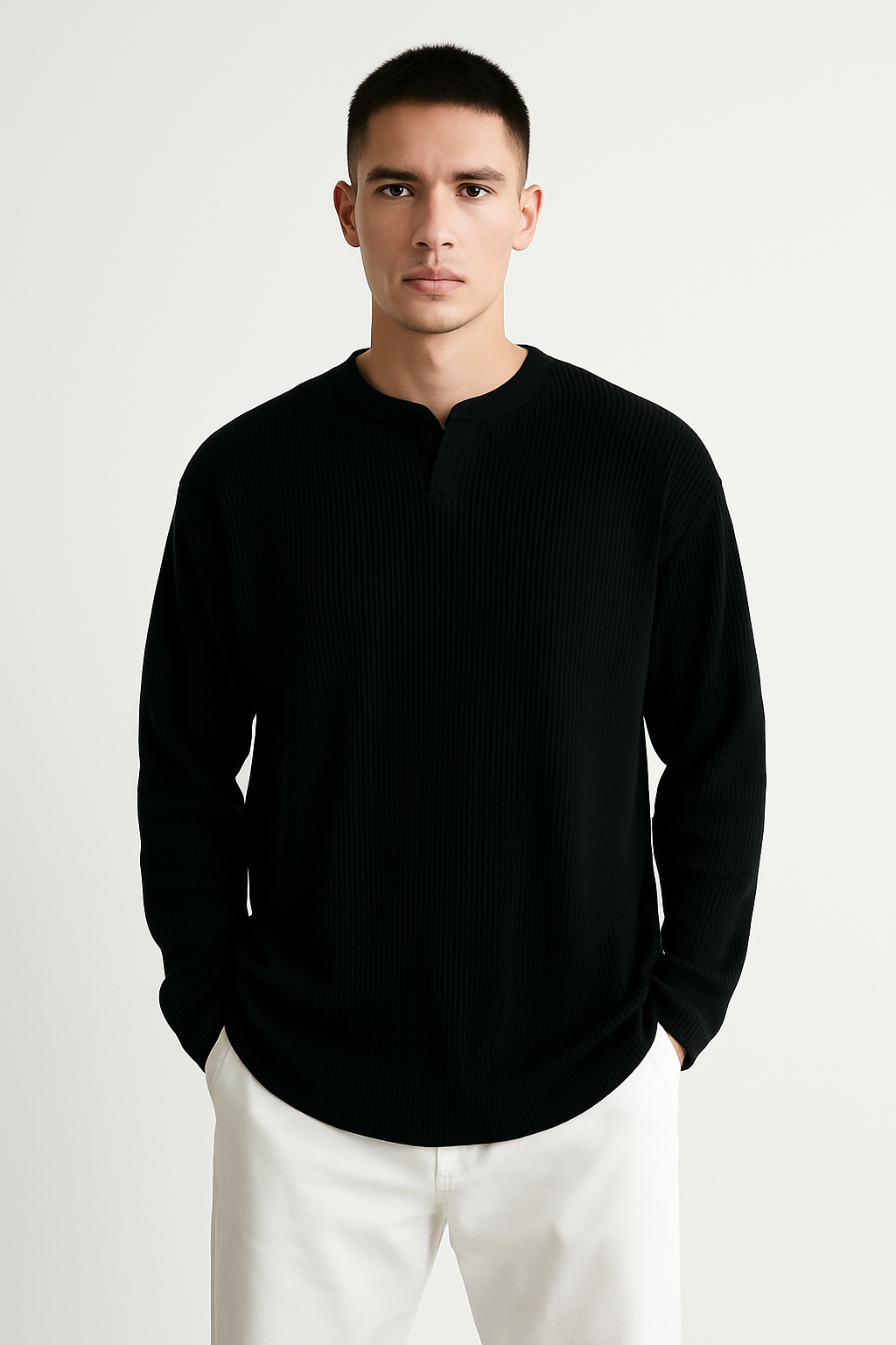 Herren Langarmshirt – Relaxed Fit – Gerippter Stoff – V-Ausschnitt – Weicher Griff