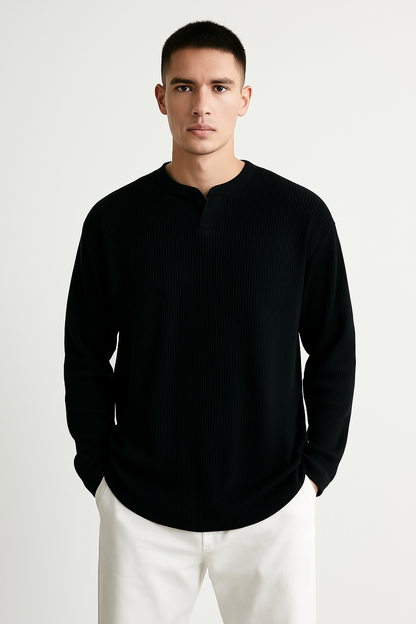 Herren Langarmshirt – Relaxed Fit – Gerippter Stoff – V-Ausschnitt – Weicher Griff
