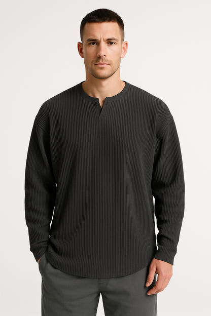 Herren Langarmshirt – Relaxed Fit – Gerippter Stoff – V-Ausschnitt – Weicher Griff