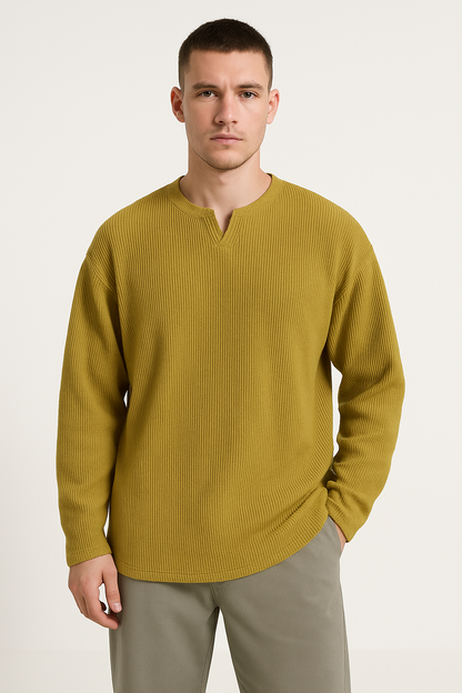 Herren Langarmshirt – Relaxed Fit – Gerippter Stoff – V-Ausschnitt – Weicher Griff