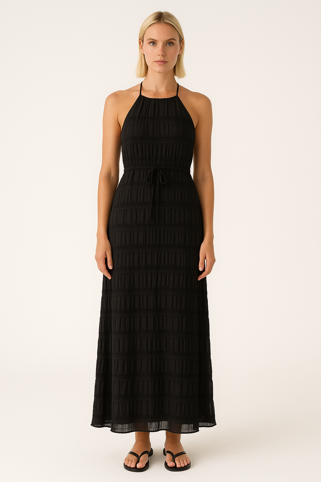 Damen Maxikleid – Luftiges Design – Neckholder – Raffung – Schmale Taille
