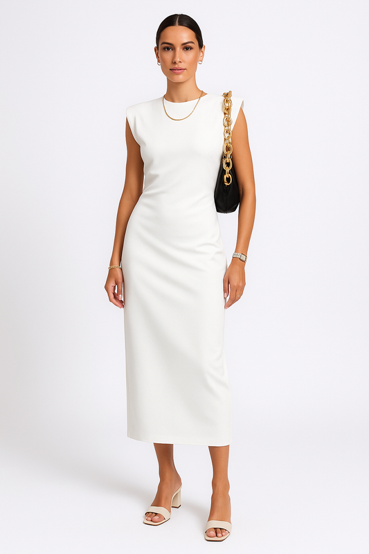 Damen Midikleid – Ärmellos – Figurbetont – Luxusstoff – Hoher Ausschnitt – Beinschlitz