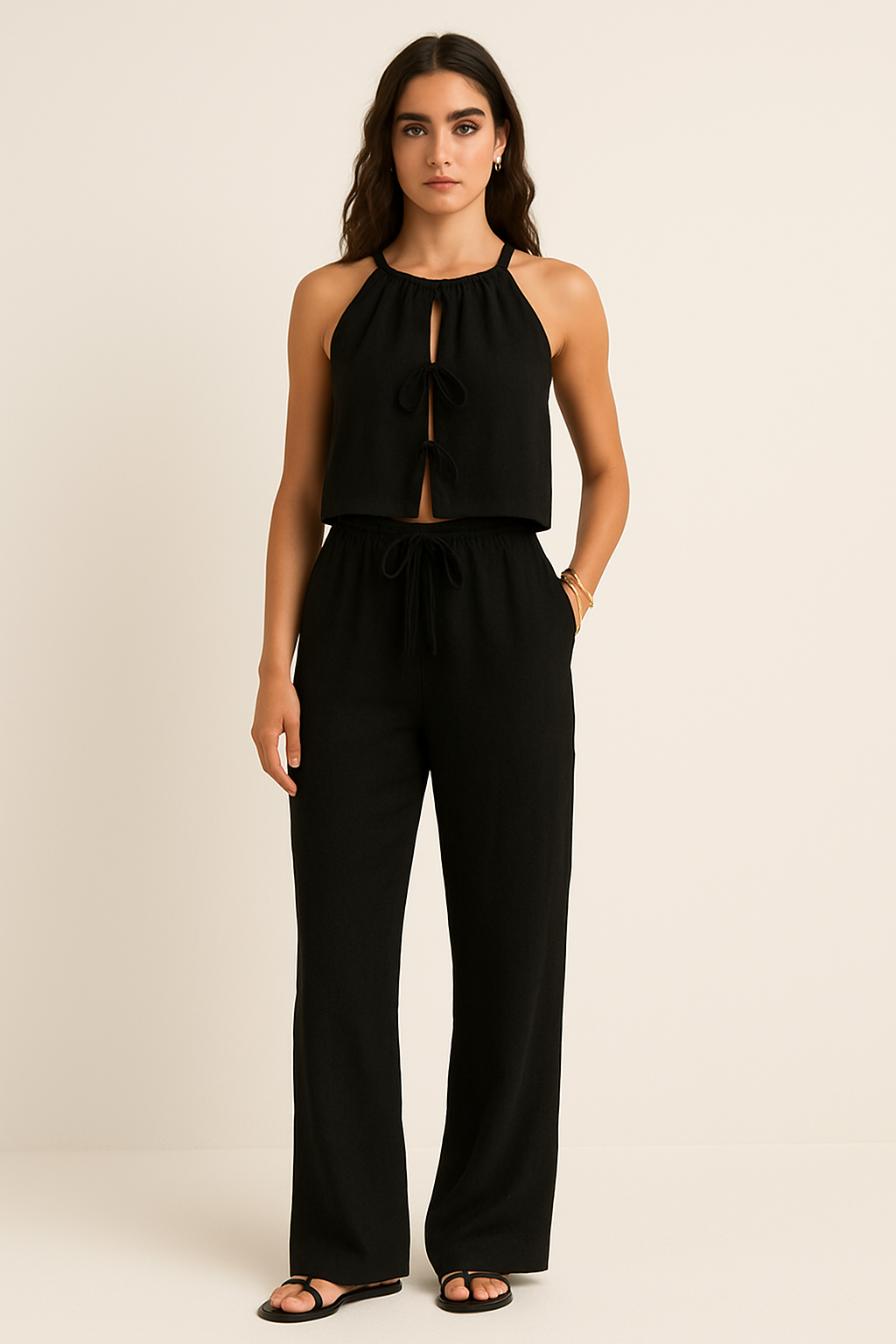 Damen Zweiteiler Set – Ärmelloses Crop Top – High Waist Hose – Atmungsaktive Fasern