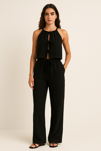 Damen Zweiteiler Set – Ärmelloses Crop Top – High Waist Hose – Atmungsaktive Fasern