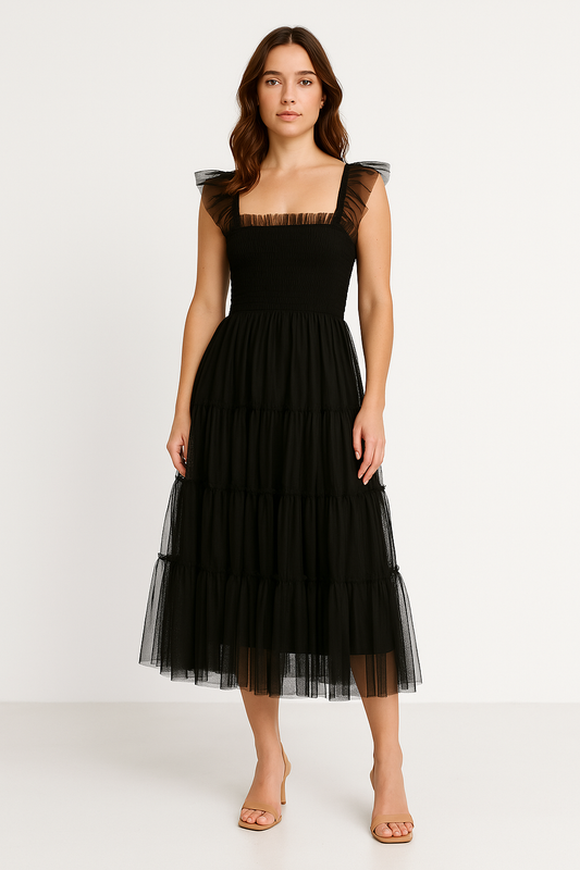 Damen Midikleid – Smock-Oberteil – Stufiger Meshrock – Ärmellos mit Rüschen