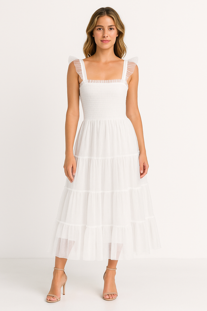 Damen Midikleid – Smock-Oberteil – Stufiger Meshrock – Ärmellos mit Rüschen