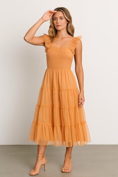 Damen Midikleid – Smock-Oberteil – Stufiger Meshrock – Ärmellos mit Rüschen