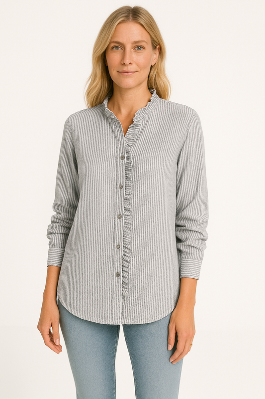 Damen Bluse – Lockerer Schnitt – Texturiertes Material – Langarm – Knopfleiste mit Rüschen