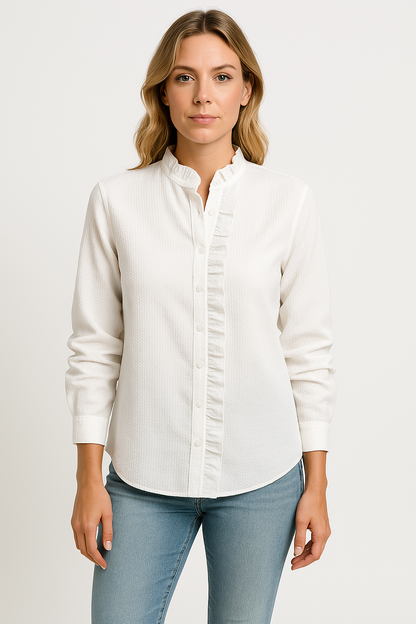 Damen Bluse – Lockerer Schnitt – Texturiertes Material – Langarm – Knopfleiste mit Rüschen