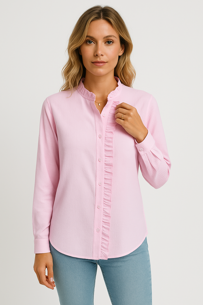 Damen Bluse – Lockerer Schnitt – Texturiertes Material – Langarm – Knopfleiste mit Rüschen