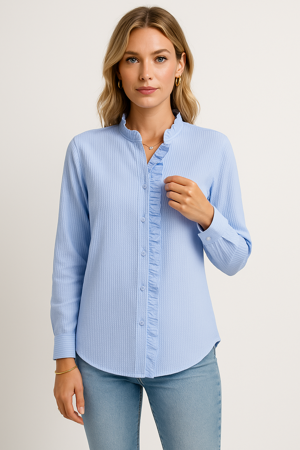 Damen Bluse – Lockerer Schnitt – Texturiertes Material – Langarm – Knopfleiste mit Rüschen