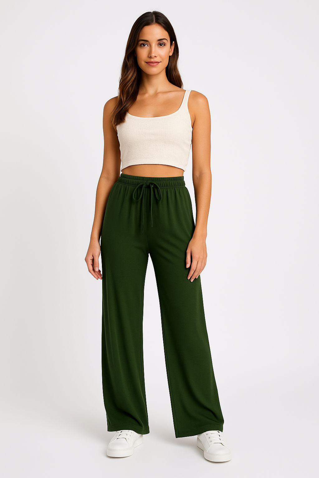 Damen Weite Hose – Lockerer Schnitt – Atmungsaktiver Stoff – Elastischer Bund mit Kordelzug – Lang