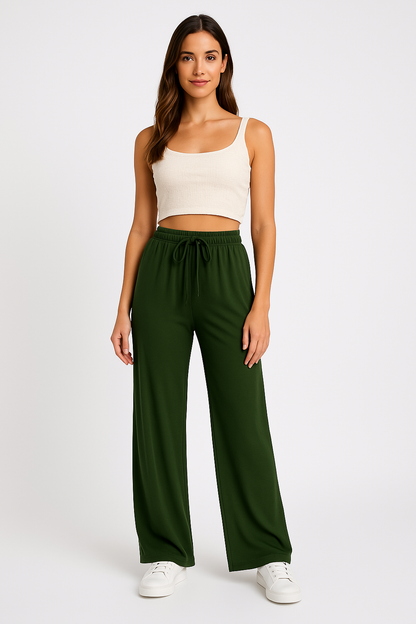 Damen Weite Hose – Lockerer Schnitt – Atmungsaktiver Stoff – Elastischer Bund mit Kordelzug – Lang