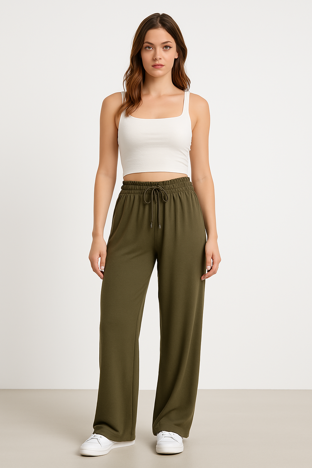 Damen Weite Hose – Lockerer Schnitt – Atmungsaktiver Stoff – Elastischer Bund mit Kordelzug – Lang