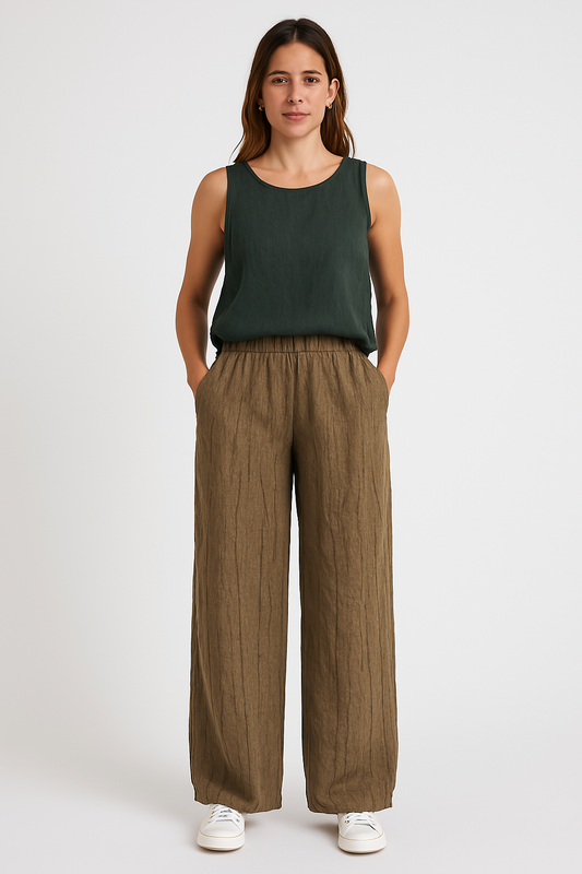 Damenhose – Lockerer Schnitt – Linnen-Baumwollmix – Elastischer Bund – Laternschnitt