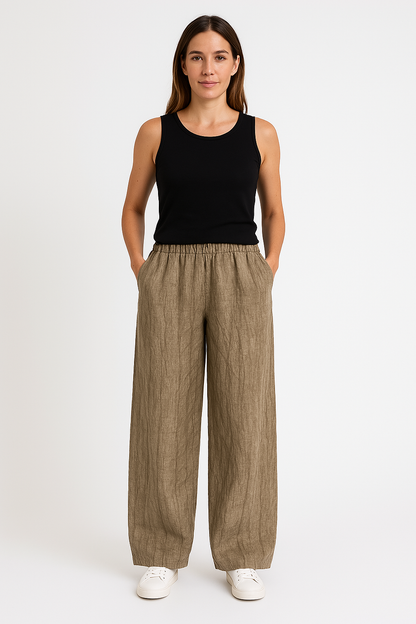 Damenhose – Lockerer Schnitt – Linnen-Baumwollmix – Elastischer Bund – Laternschnitt