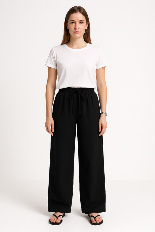 Damen Weite Hose – Hoher Bund – Lockerer Schnitt – Baumwolle – Elastischer Taillenbund