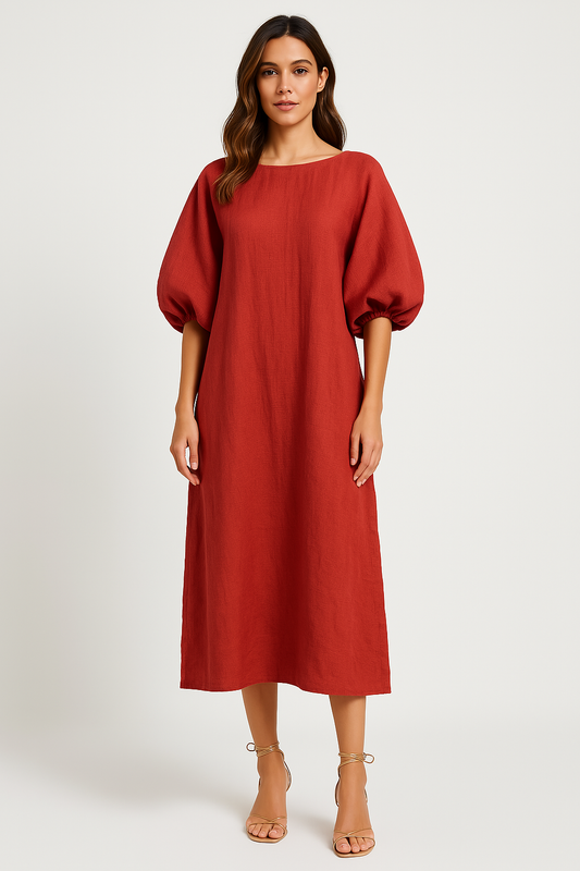 Damen Kleid – Lockerer Schnitt – Puffärmel – Rundhals – Atmungsaktiv Baumwolle