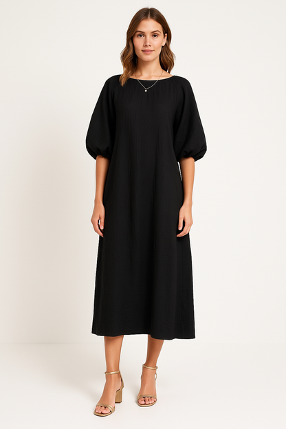 Damen Kleid – Lockerer Schnitt – Puffärmel – Rundhals – Atmungsaktiv Baumwolle
