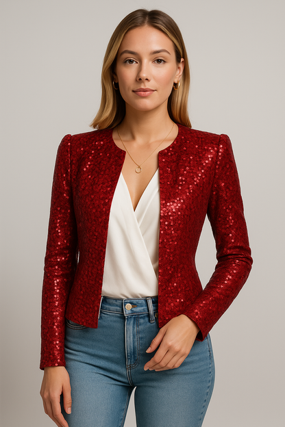 Damen Kurzjacke – Tailor Fit – Glänzendes Pailletten-Design – Stehkragen – Langarm