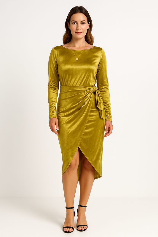 Damen Abendkleid – Taillierte Passform – Satinoptik – Bindegürtel – Asymmetrischer Saum – Midi Länge