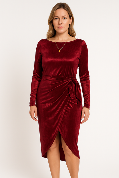 Damen Abendkleid – Taillierte Passform – Satinoptik – Bindegürtel – Asymmetrischer Saum – Midi Länge