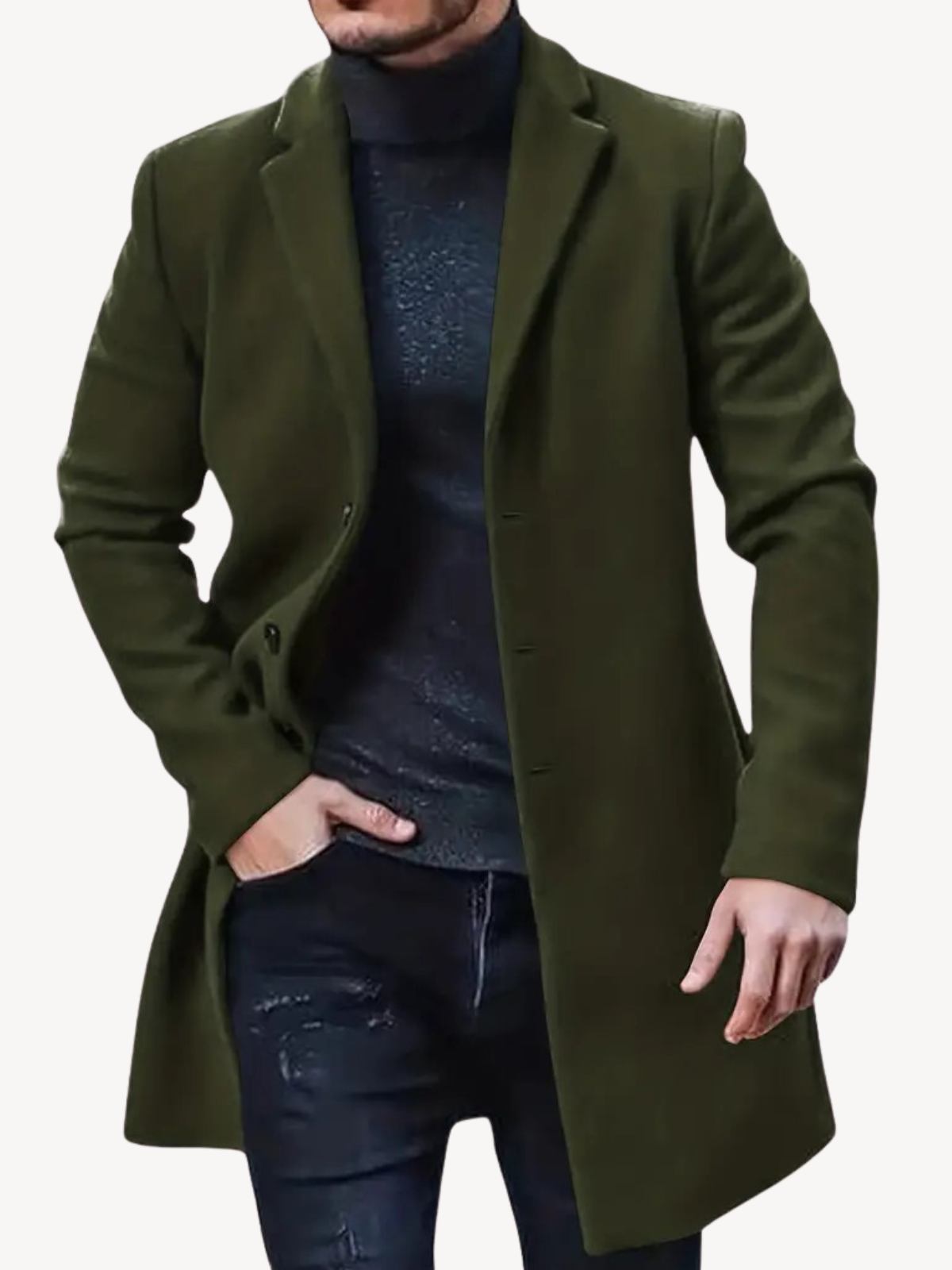 Herren Trenchcoat – Taillierter Schnitt – Wolloptik – Mittellang – Reverskragen – 3-Knopf-Leiste