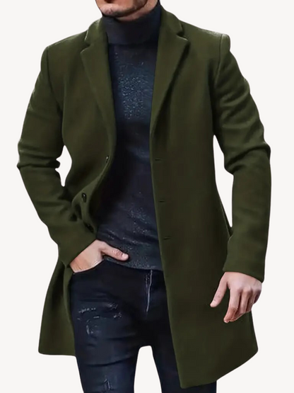 Herren Trenchcoat – Taillierter Schnitt – Wolloptik – Mittellang – Reverskragen – 3-Knopf-Leiste