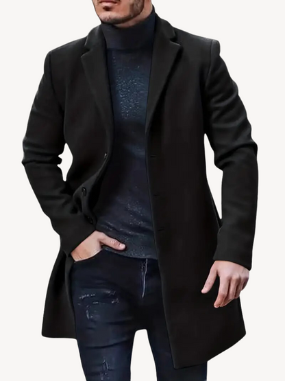 Herren Trenchcoat – Taillierter Schnitt – Wolloptik – Mittellang – Reverskragen – 3-Knopf-Leiste