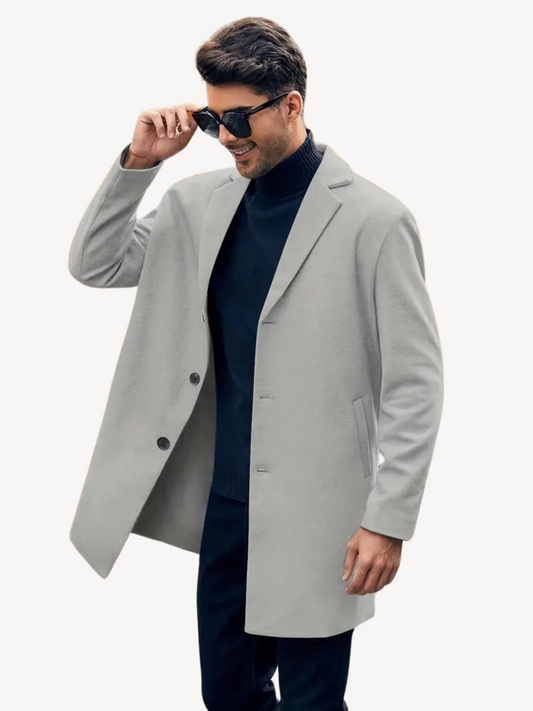 Herren Trenchcoat – Taillierter Schnitt – Wolloptik – Mittellang – Reverskragen – 3-Knopf-Leiste