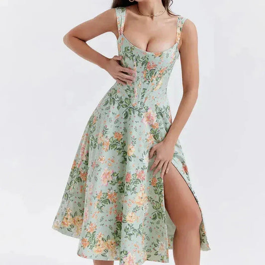 Damen Corset-Midikleid – Figurbetontes Oberteil – Breiter Träger – Schlitz – Blumenmuster