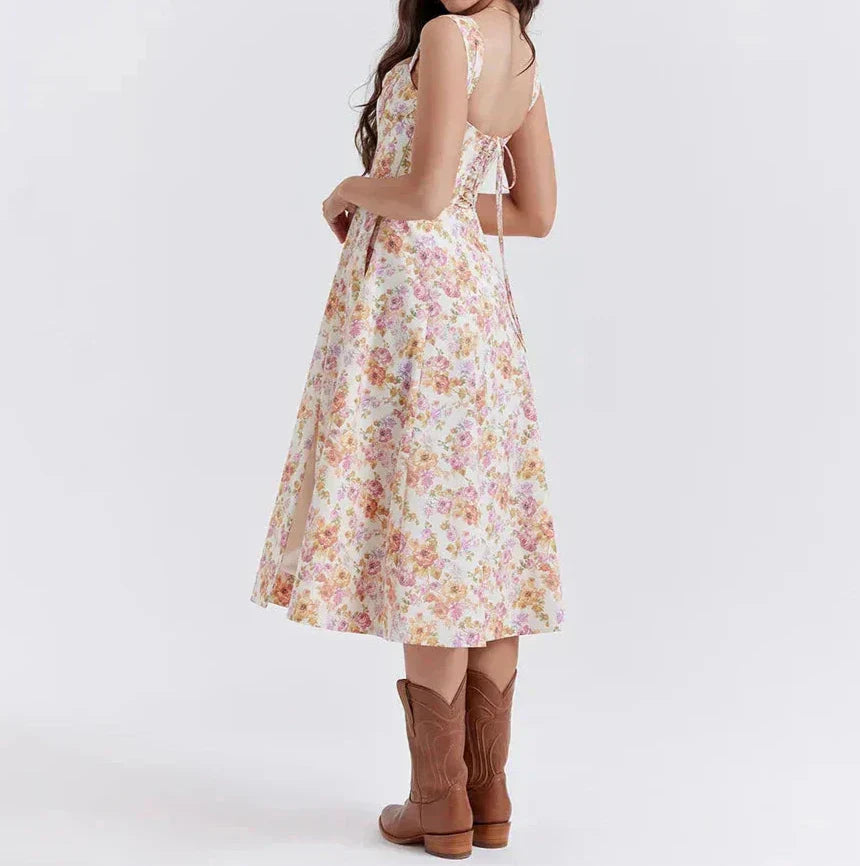 Damen Corset-Midikleid – Figurbetontes Oberteil – Breiter Träger – Schlitz – Blumenmuster