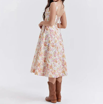 Damen Corset-Midikleid – Figurbetontes Oberteil – Breiter Träger – Schlitz – Blumenmuster