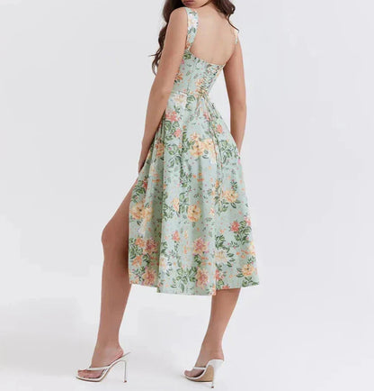 Damen Corset-Midikleid – Figurbetontes Oberteil – Breiter Träger – Schlitz – Blumenmuster