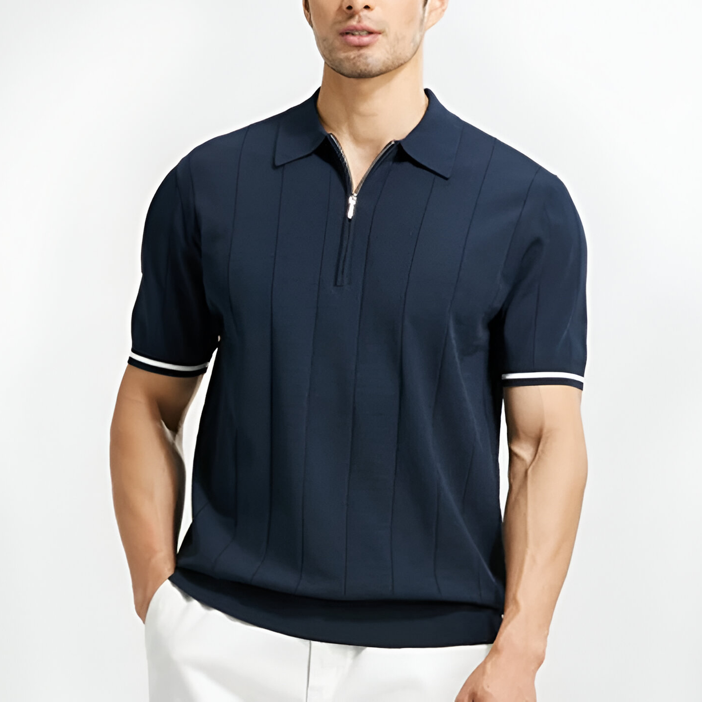 Herren Poloshirt – Slim Fit – Reißverschlusskragen – Weiches Strickmaterial – Gerippte Abschlüsse