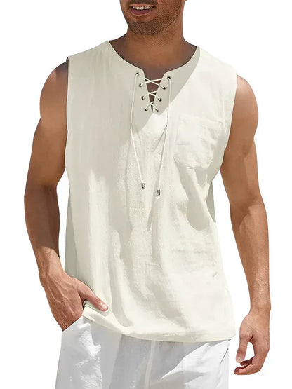 Herren Tanktop – Relaxed Fit – Atmungsaktive Mischung – Schnür-Front – Brusttasche