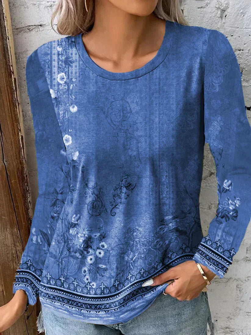 Damen Bluse Langarm – Lockerer Schnitt – Künstlerischer Print – Atmungsaktives Material