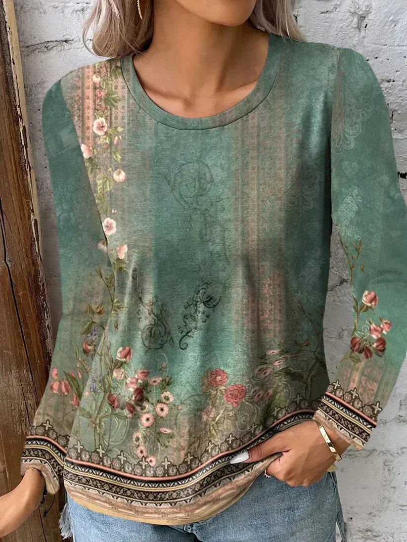 Damen Bluse Langarm – Lockerer Schnitt – Künstlerischer Print – Atmungsaktives Material