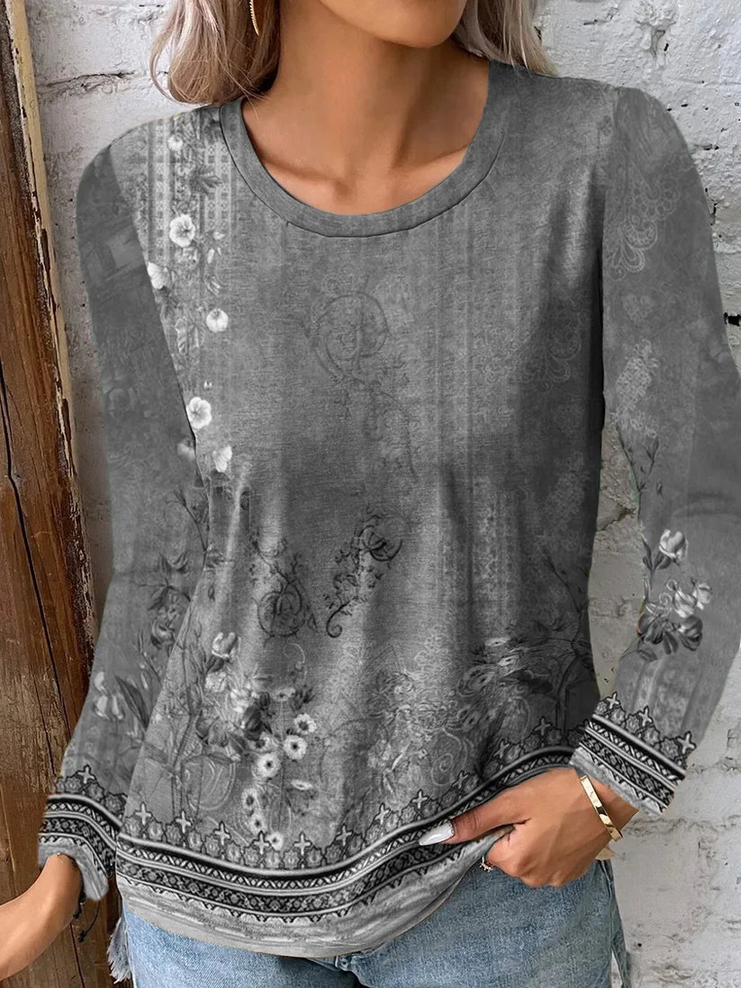 Damen Bluse Langarm – Lockerer Schnitt – Künstlerischer Print – Atmungsaktives Material