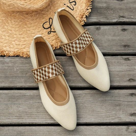 Damen Ballerina Flats – Atmungsaktive Struktur – Runde Spitze – Elastikriemen Design